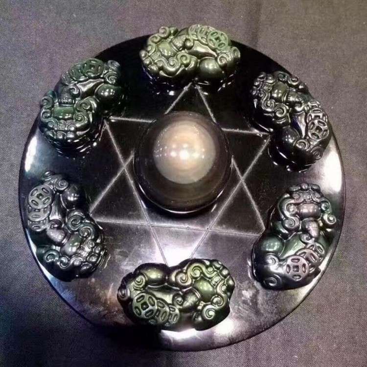 天然黑曜石七星阵貔貅摆件 家居办公饰品 皮休瑞兽 吉祥物摆饰