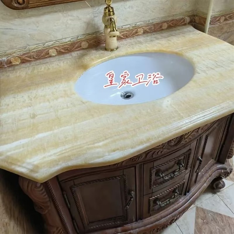 定制天然大理石台面洗手盆卫生间挂墙式洗漱台卫浴柜欧式弧形面板