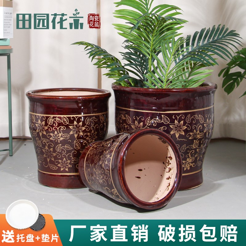陶瓷花盆特大号中式古典花瓣印花家用客厅金藤蔓虎皮兰幸福树花盆