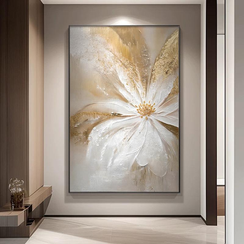 木兰绽放花卉玄关装饰画金色花漾年华抽象肌理入户走廊背景墙挂画