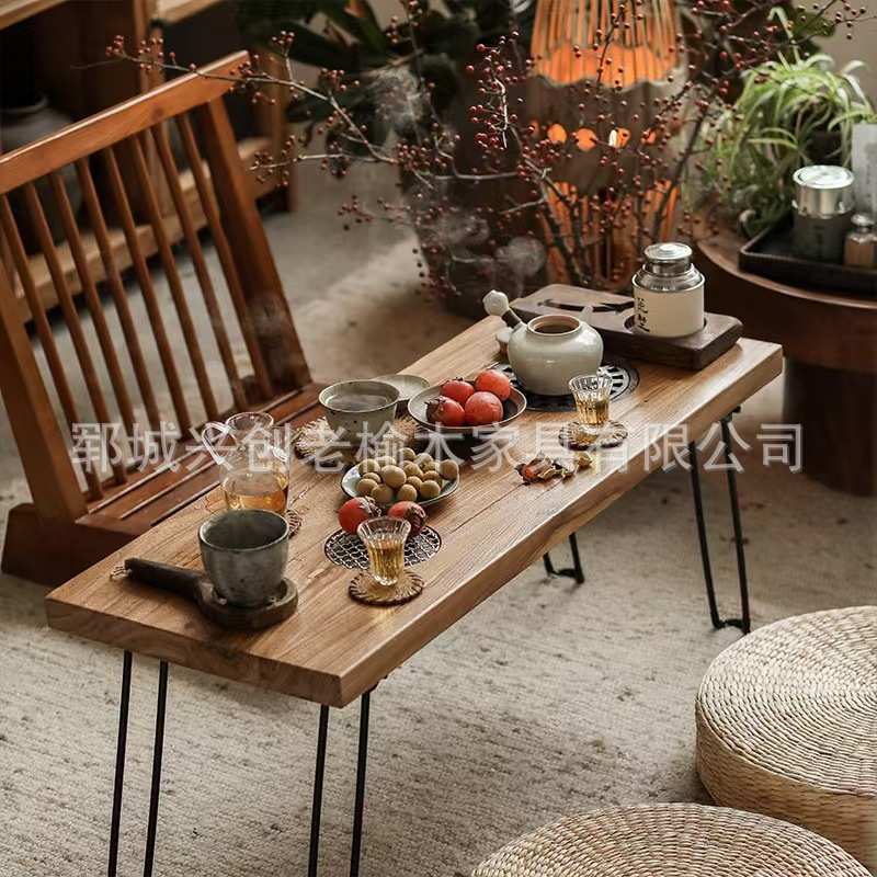 现货中式老榆木围炉茶桌阳台烤火桌煮茶可折叠铁艺老榆木火锅桌