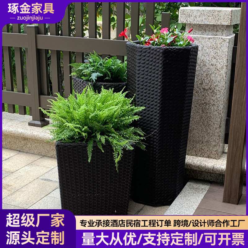 户外阳台藤艺花架酒店仿藤圆形花槽庭院花器PE藤植物塑料园林花瓶