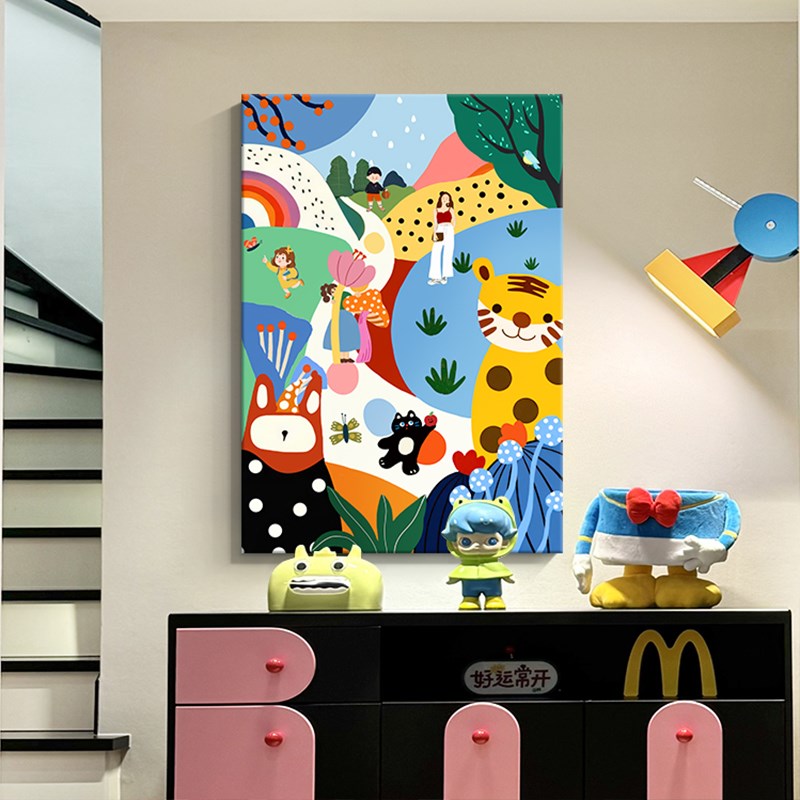 多巴胺客厅装饰画小众艺术沙发背景墙挂画抽象彩色卡通玄关壁画图片