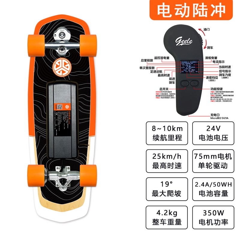 Geelce四轮无线遥控电动滑板陆地冲浪板动力陆冲板免蹬迷你代步车