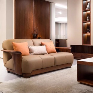 极简新中式 轻奢高级大坪数客厅别墅酒 北美黑胡桃木真皮沙z发意式