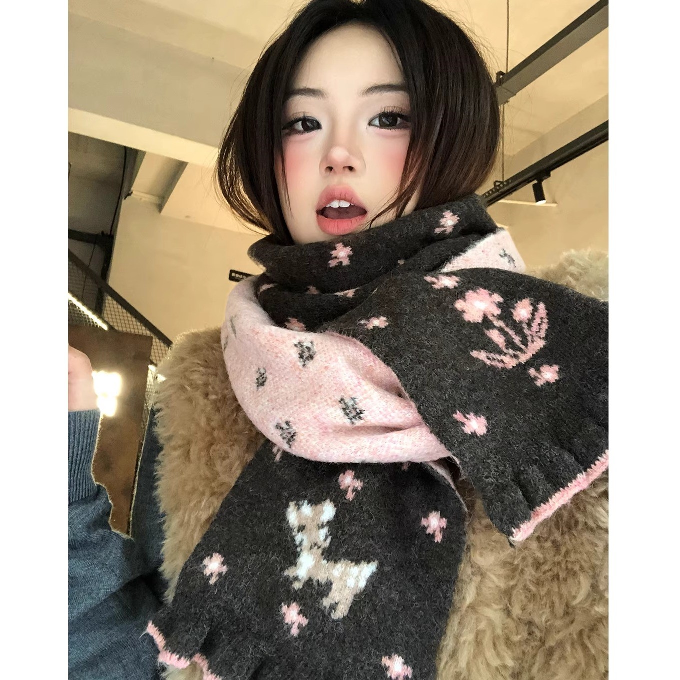 小鹿双面针织围巾女生冬高级感韩系氛围感加厚保暖毛线小围脖护颈