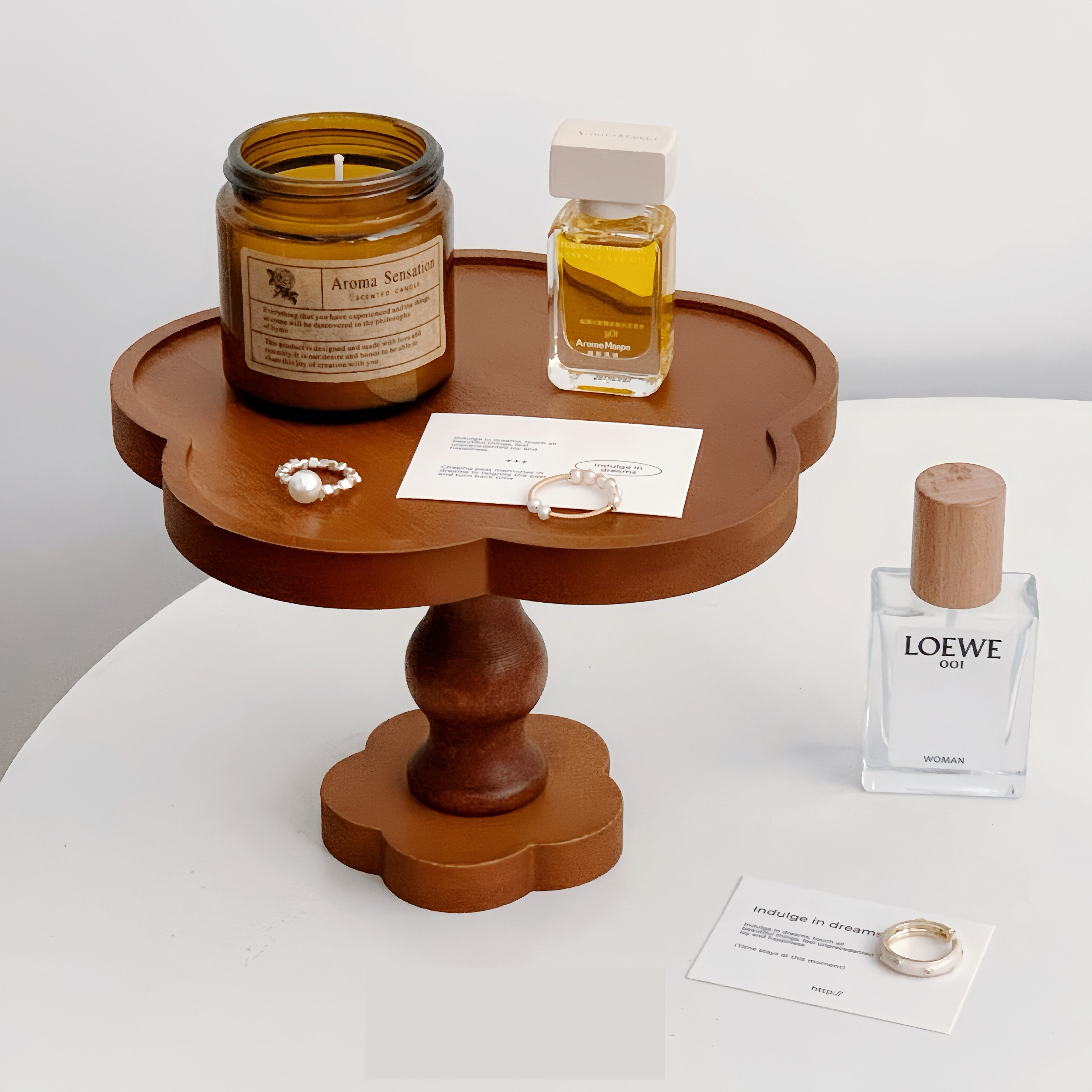 ins风木质花朵高脚首饰托盘香薰香水托盘高级感珠宝首饰展示架