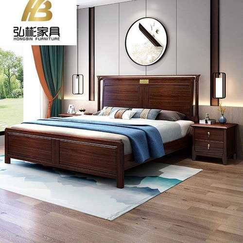 新中式乌金木实木床现代简约1.8米双人床主卧大床1.5高箱储物婚床