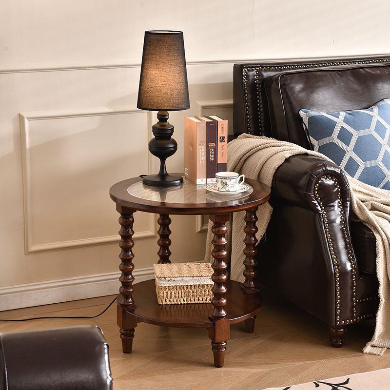 中古风实木茶几卧室客厅靠墙沙发边几法式复古收纳置物小圆桌子