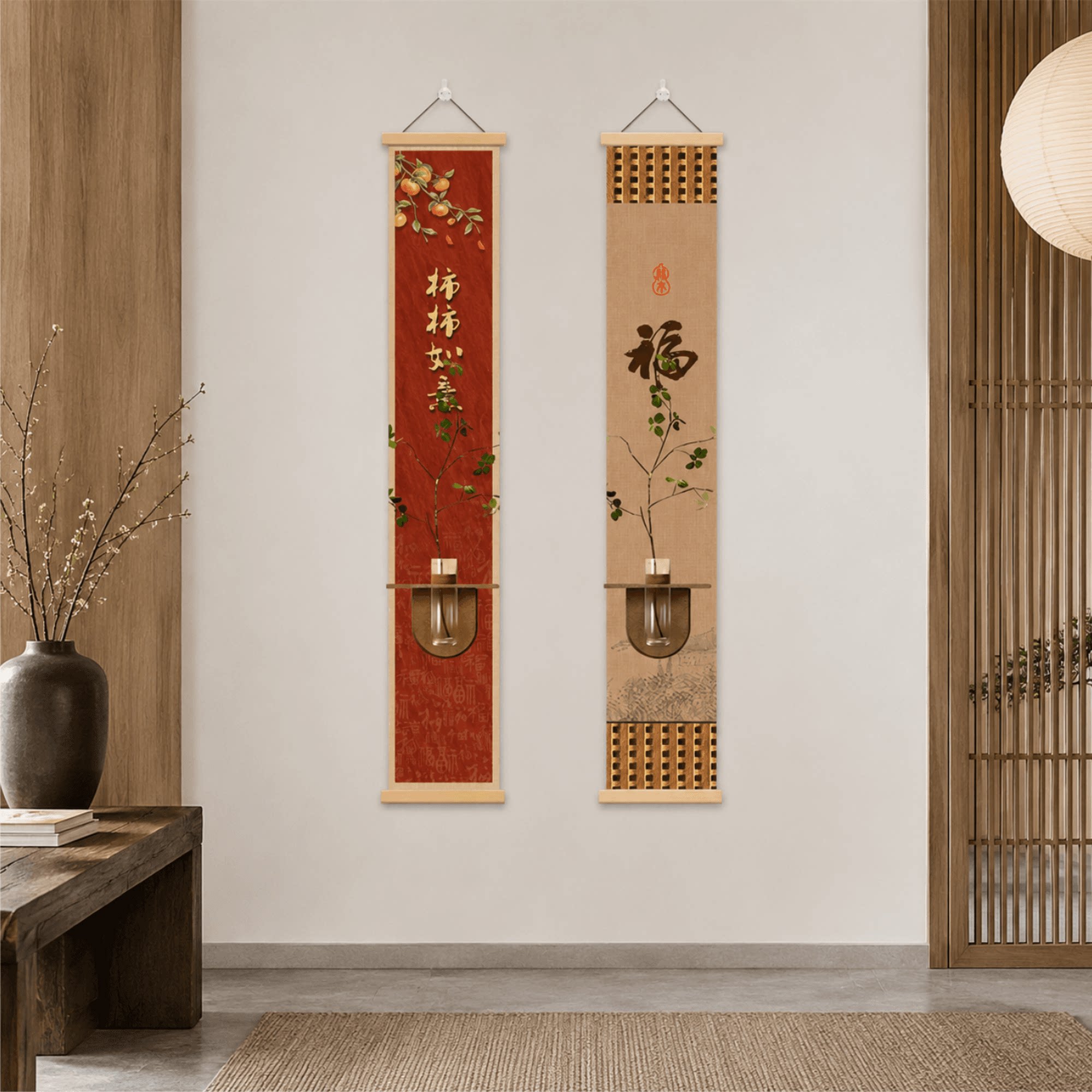 新中式玄关走廊墙面装饰挂画柿柿如意福字带水培花瓶客厅餐厅壁画
