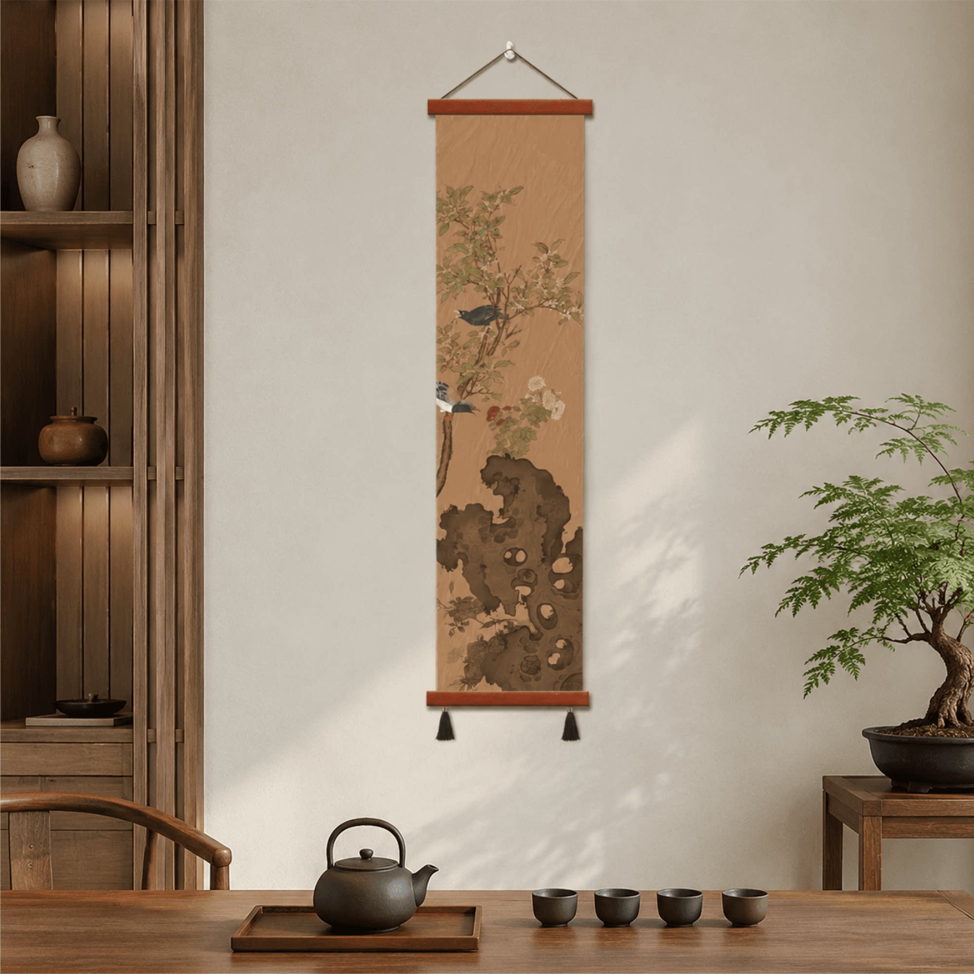 复古新中式禅意花鸟太湖石国画茶室书房玄关墙面装饰客厅餐厅挂画