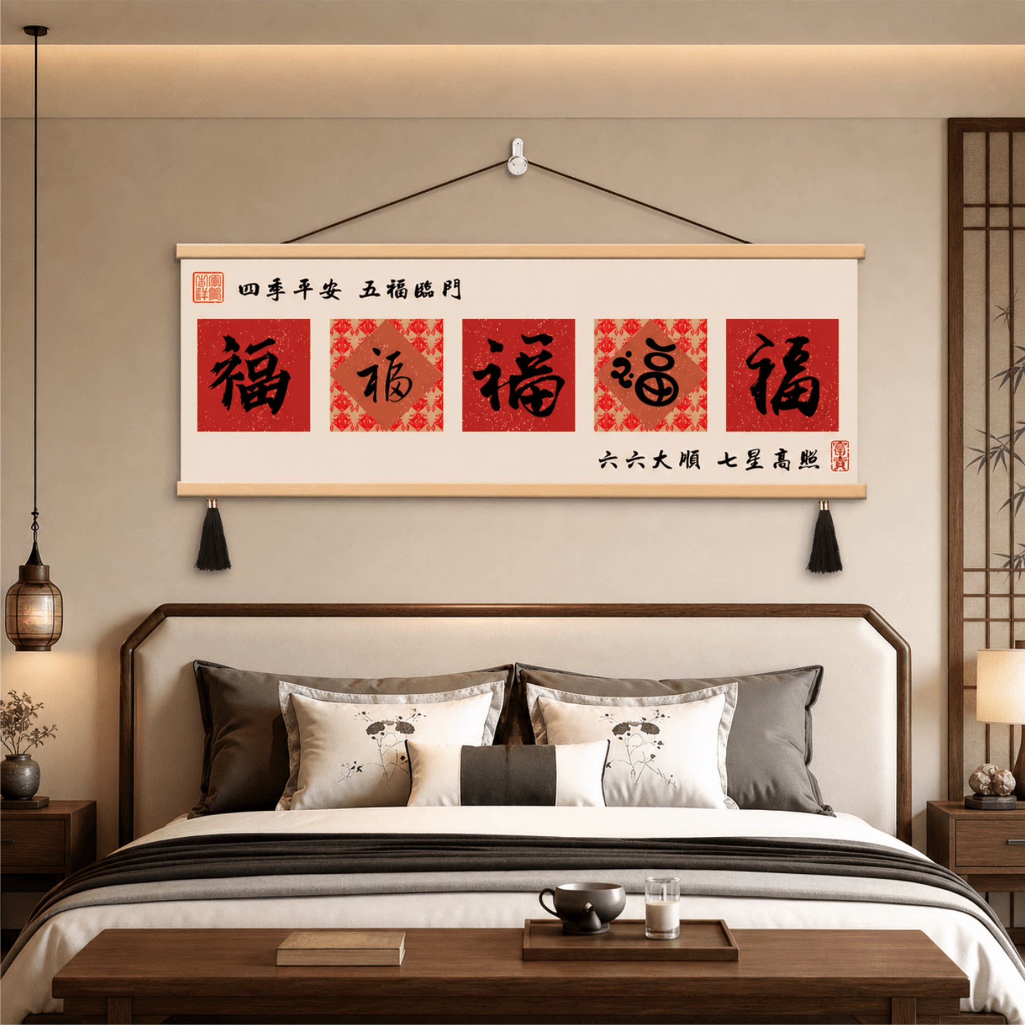 新中式五福临门书法挂画卧室床头客厅墙面装饰画喜庆吉祥平安壁画