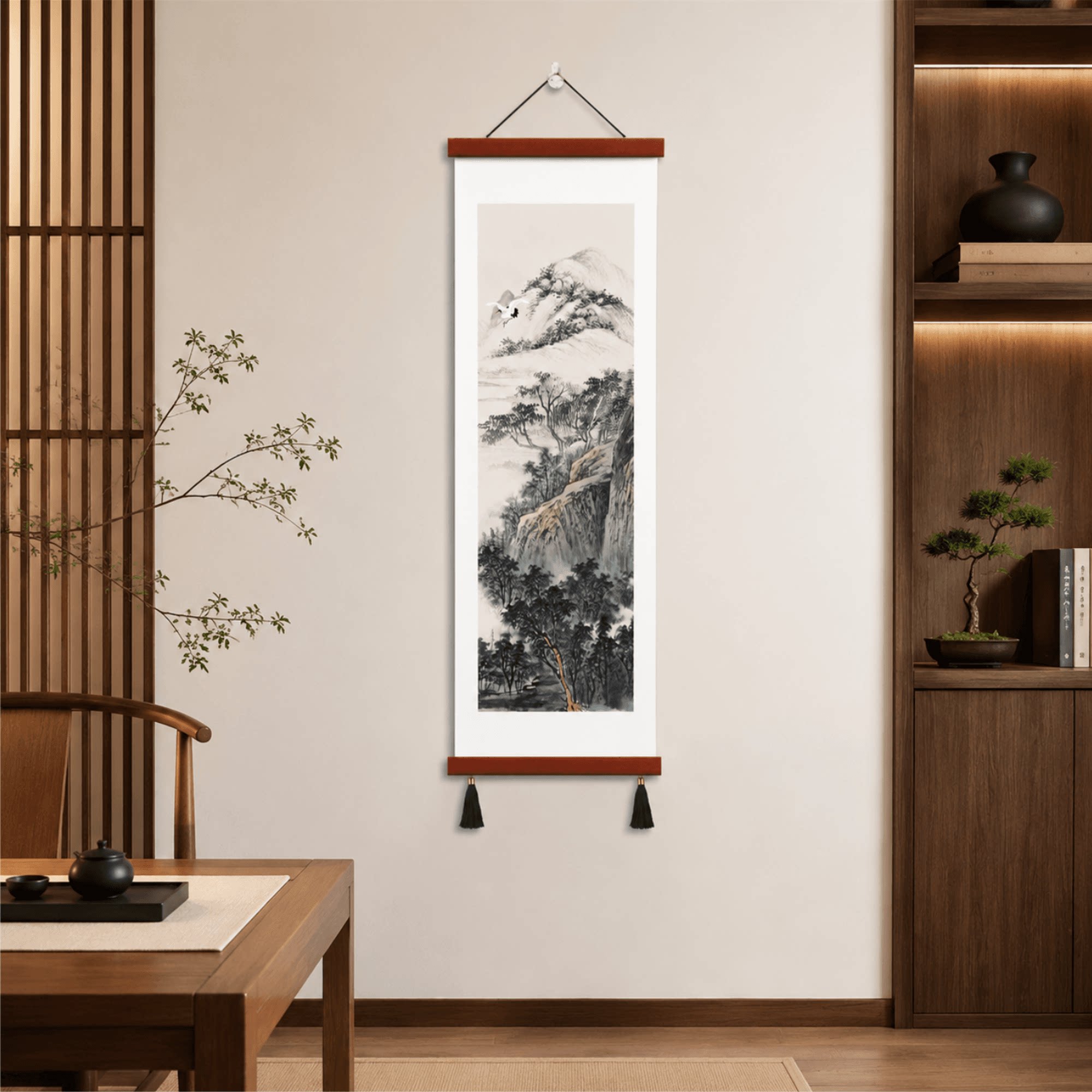 新中式轻奢水墨山水仙鹤竖版装饰挂画玄关客厅书房茶室墙面壁画