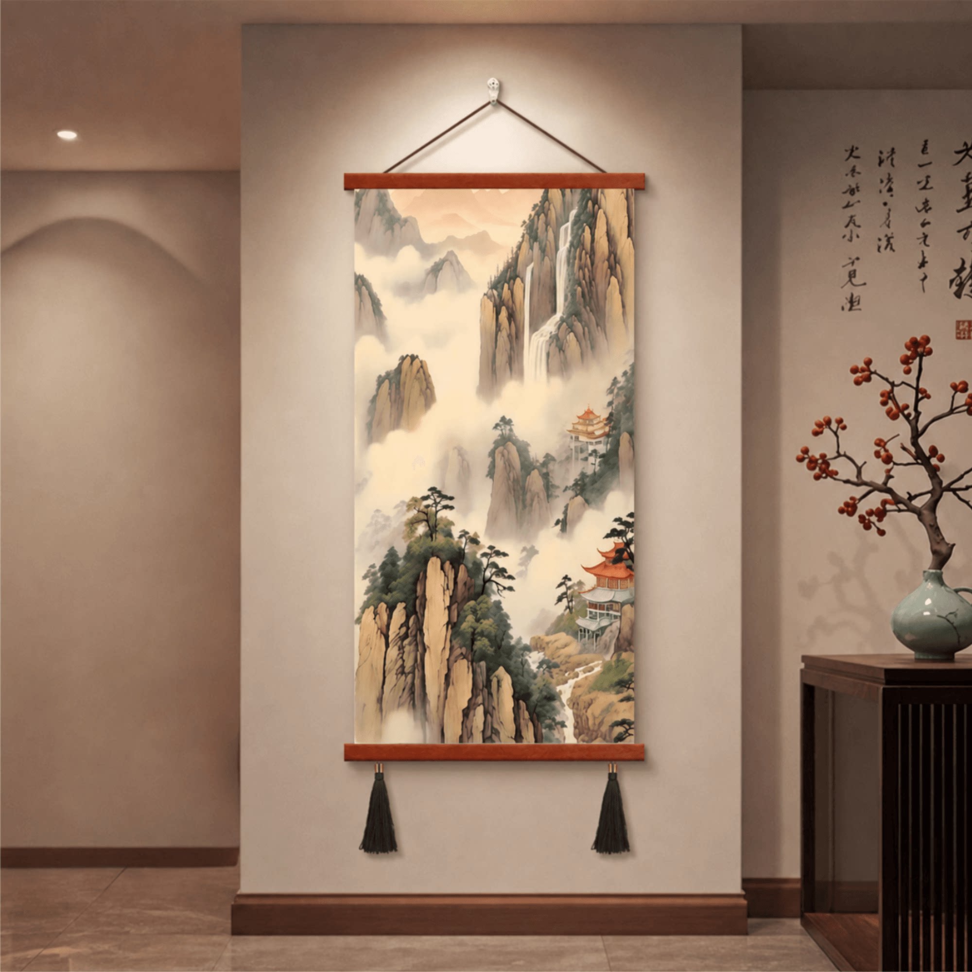 新中式山水挂画玄关客厅竖版靠山国画办公室书房餐厅背景墙装饰画