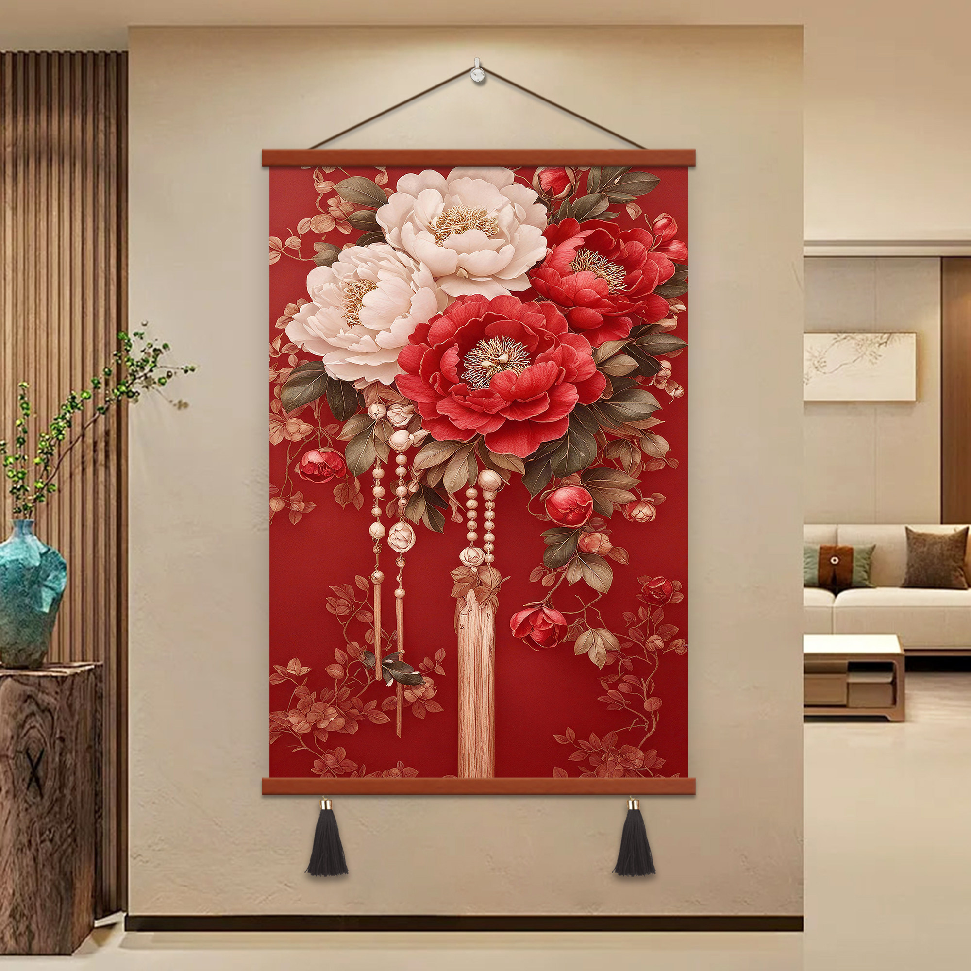 花开富贵装饰画2026新款牡丹玄关卧室喜庆轻奢卷轴画红色婚庆礼品
