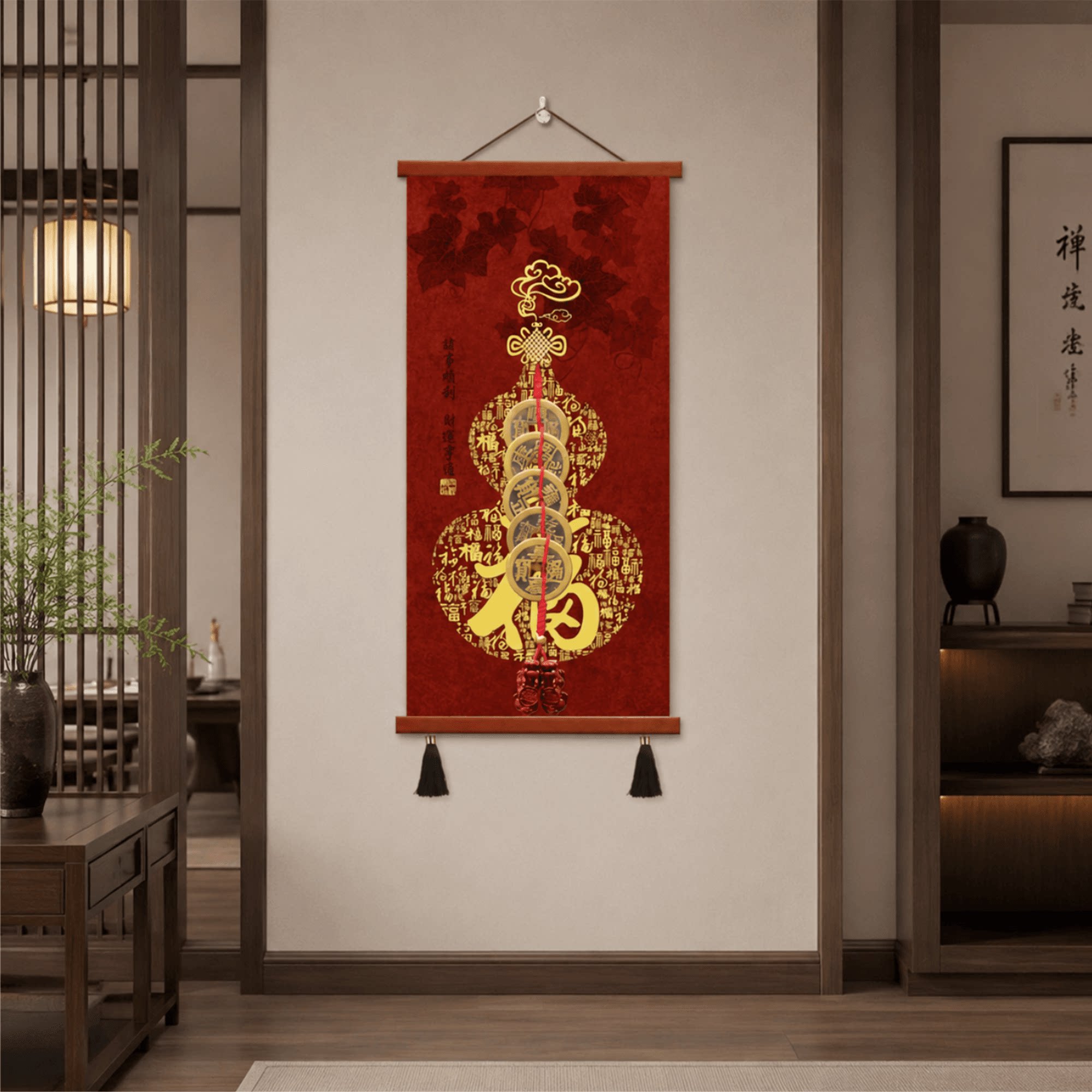 入户新中式玄关福字葫芦五帝钱招财装饰画客厅过道墙面大气国风画