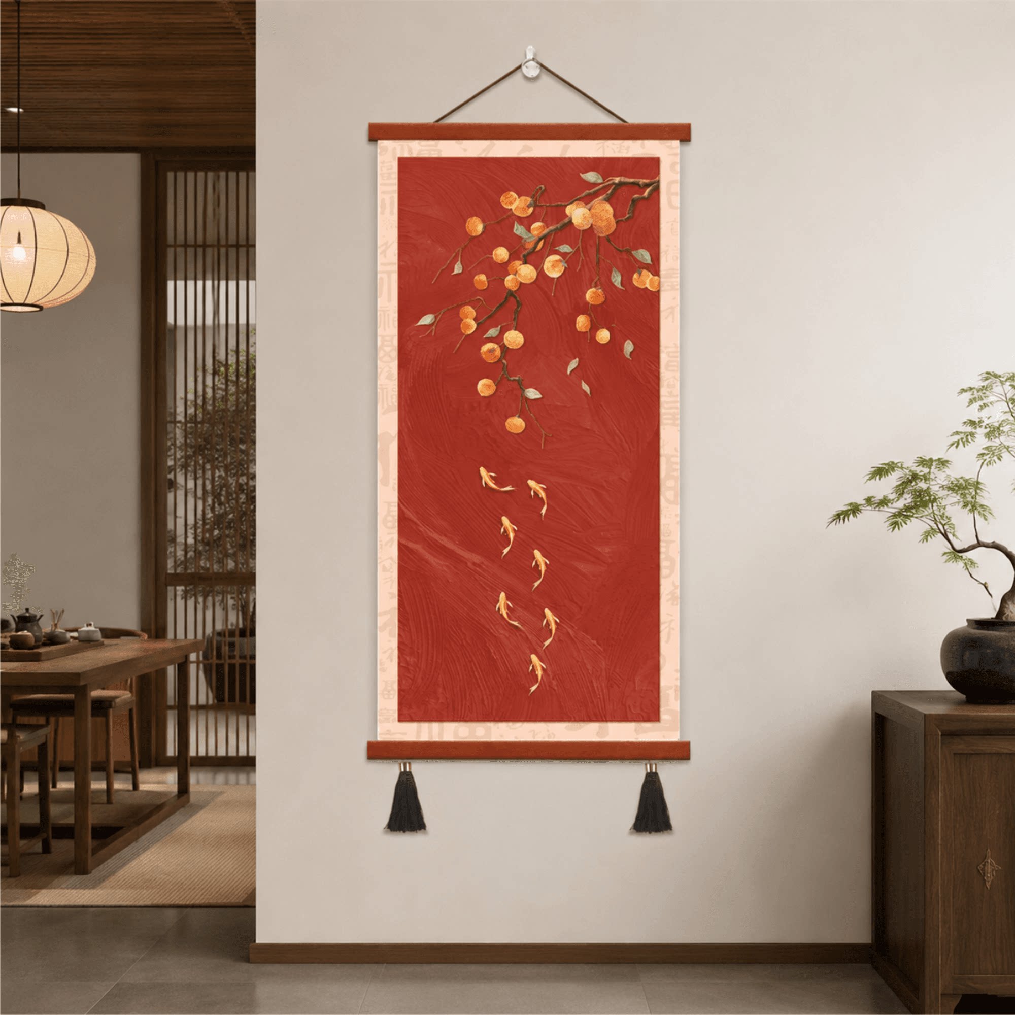 新中式轻奢玄关走廊竖版柿子九鱼招财吉祥装饰画客厅过道墙面挂画