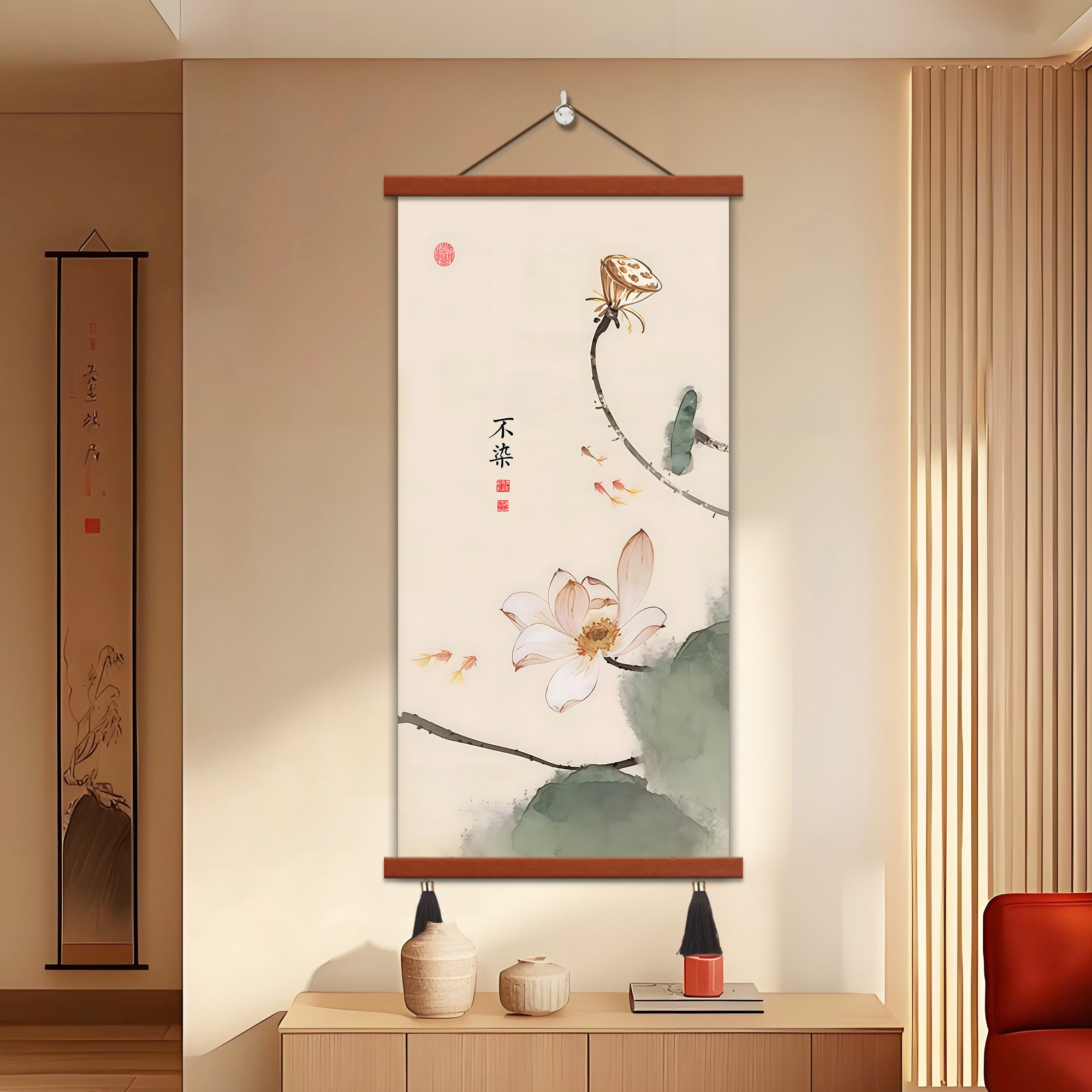 荷花玄关装饰画新中式走廊过道尽头竖幅艺术挂画茶室水墨禅意壁画