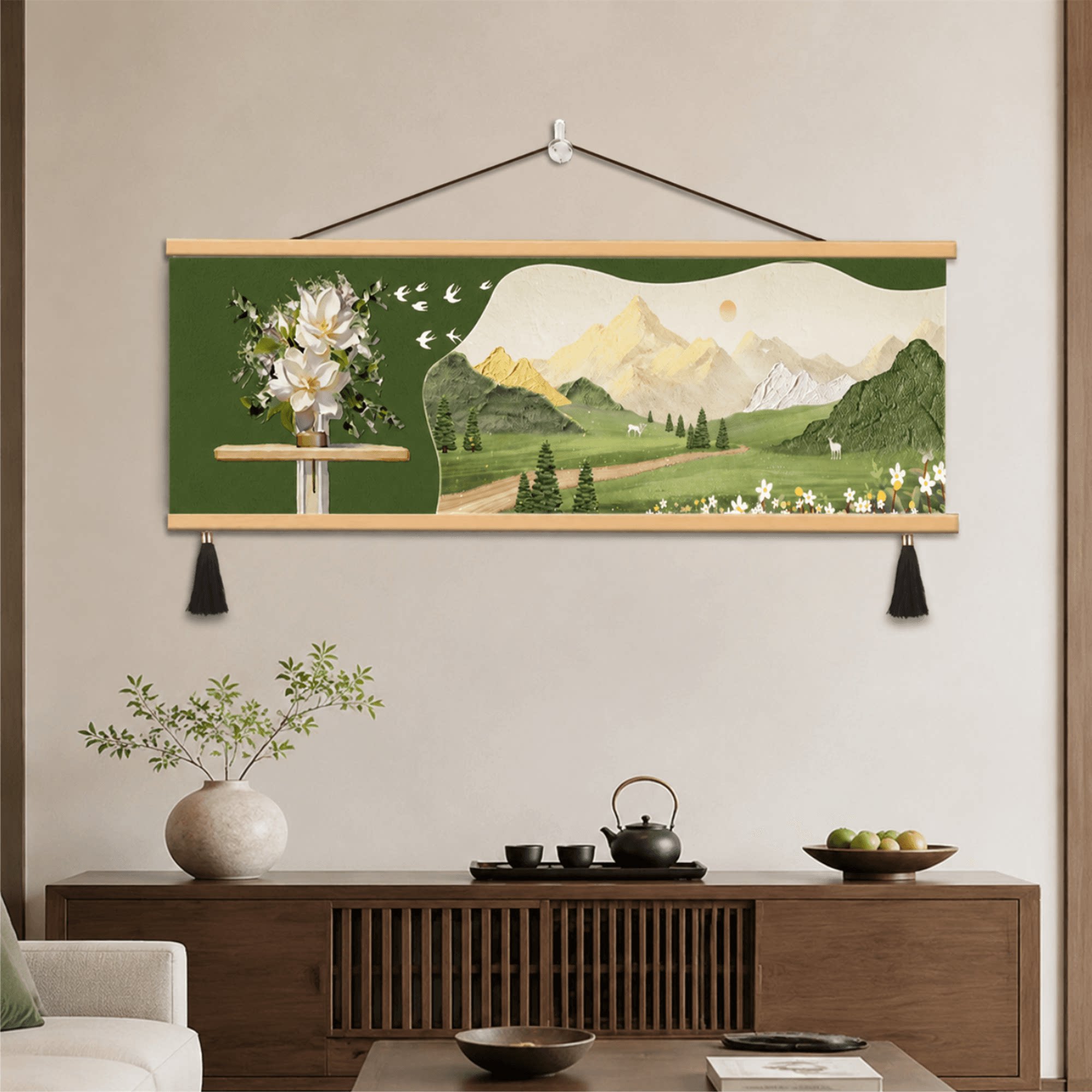 新中式轻奢花卉麋鹿山水田园挂画卧室床头客厅餐厅背景墙装饰壁画