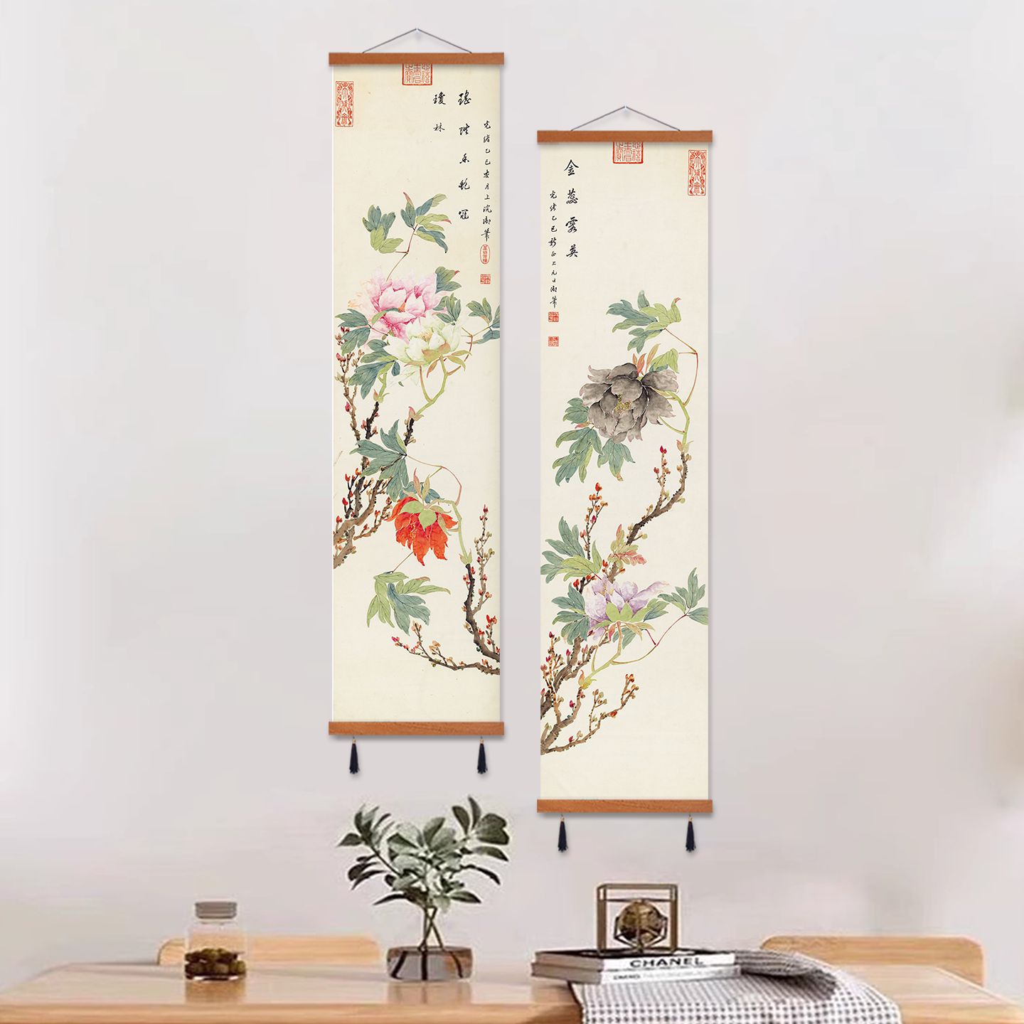 花鸟新中式背景墙装饰画餐厅牡丹民宿客厅玄关壁画禅意书房四联画