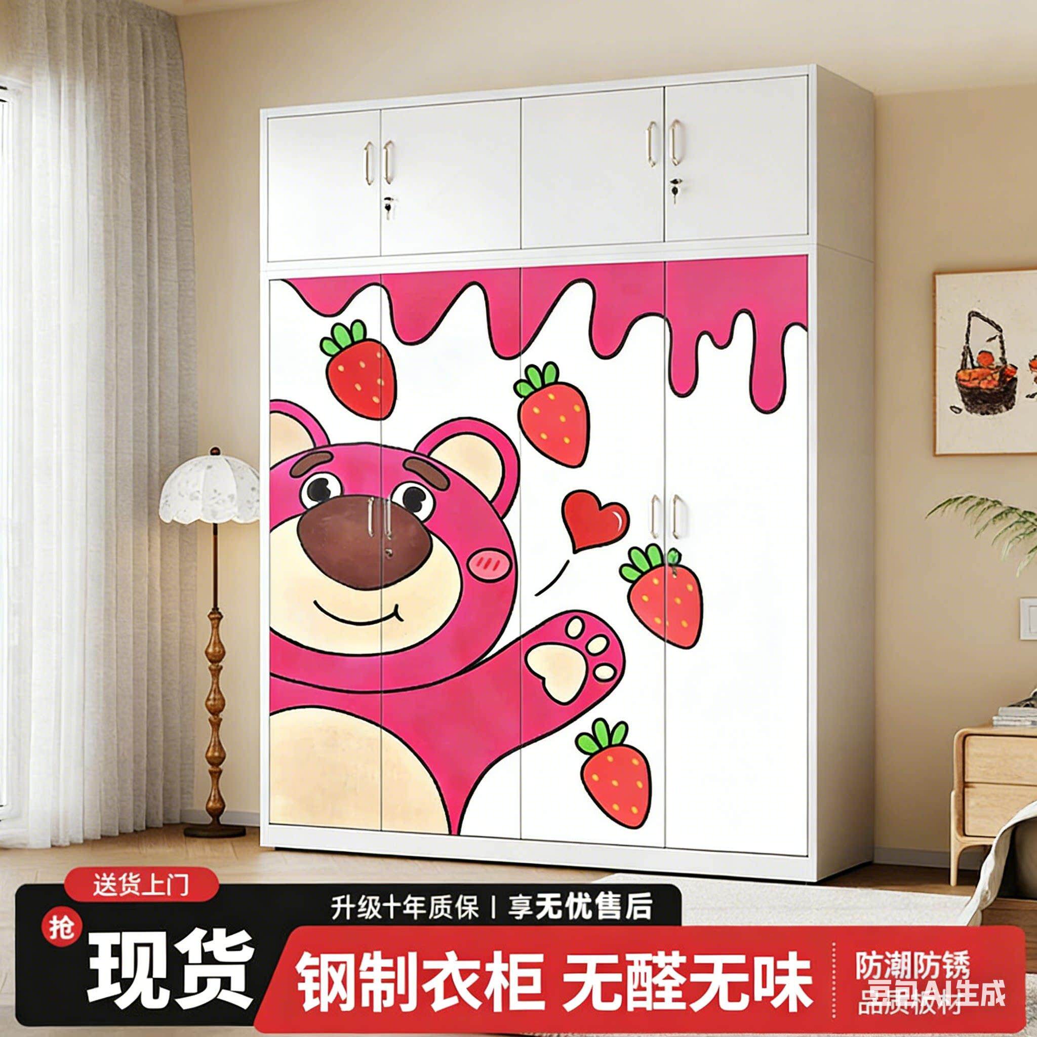 铁皮衣柜带锁钢制家用印花衣柜卧室推拉门儿童大容量收纳储物柜子