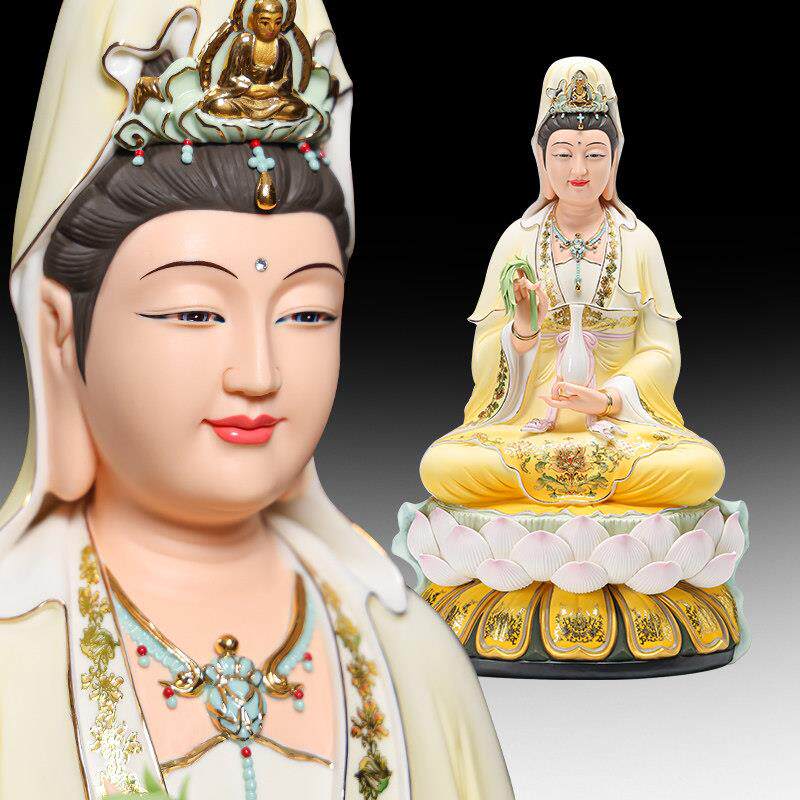 德化陶瓷彩绘观音菩萨佛像高档南海观世音娘娘神像观自在坐莲摆件