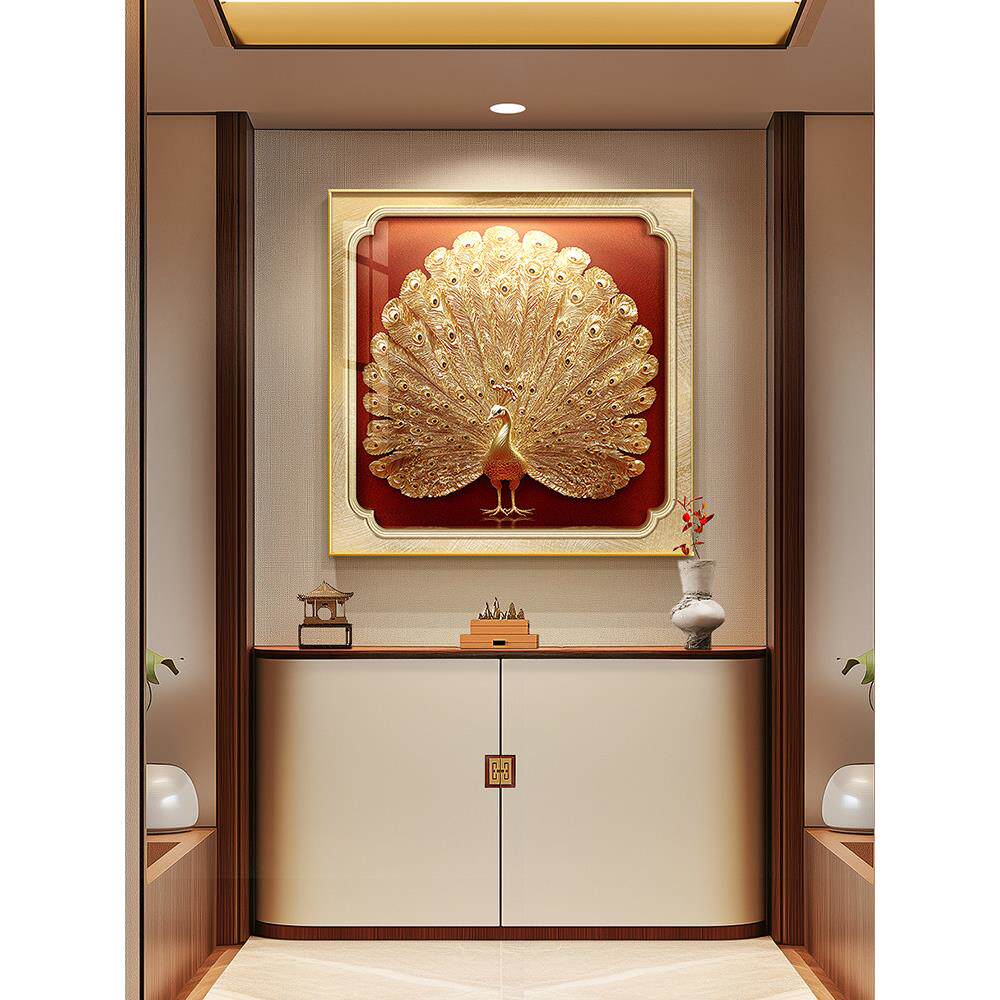 孔雀开屏玄关正方形装饰画新中式金色走廊挂画轻奢立体感茶室壁画