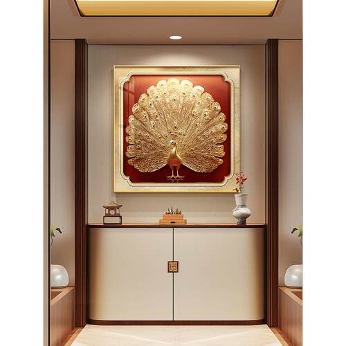 孔雀开屏玄关正方形装饰画新中式金色走廊挂画轻奢立体感茶室壁画