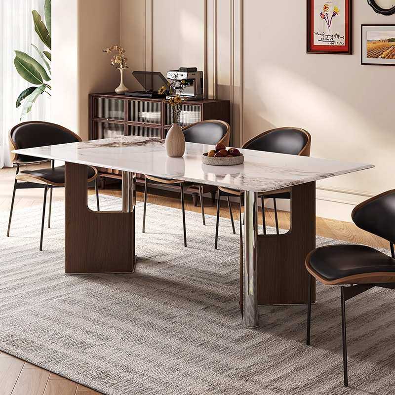 中古风微晶石餐桌长方形现代简约小户型家用餐桌不锈钢实木饭桌