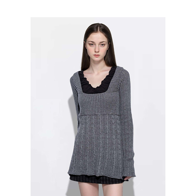 BM毛衣女纯色方领针织长袖2026新款秋冬设计感宽松显瘦百搭上衣