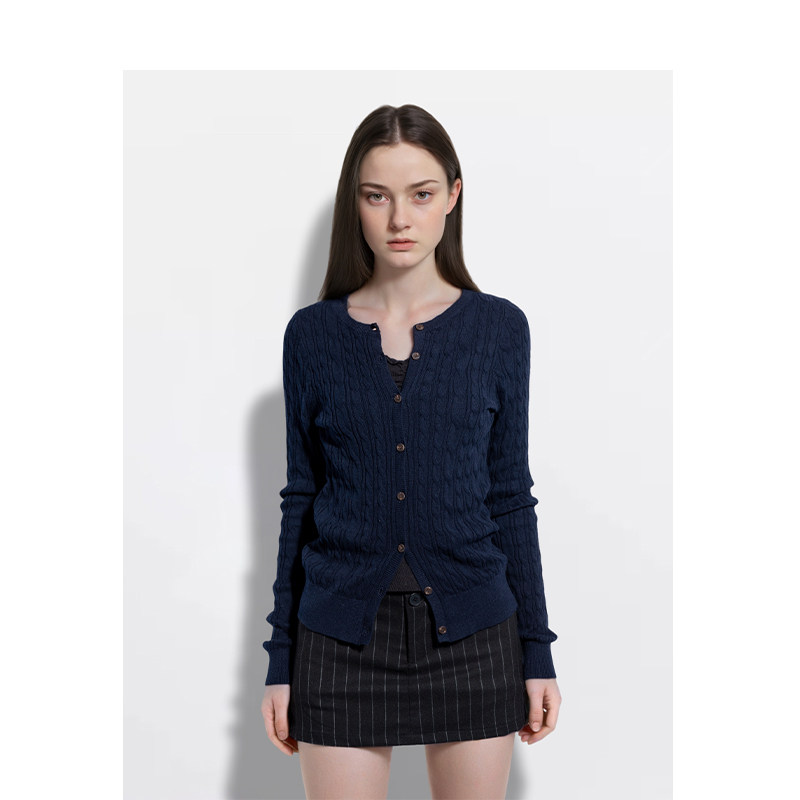 BM开衫女纯色麻花针织毛衣2026秋冬新款简约高级感百搭显瘦外套