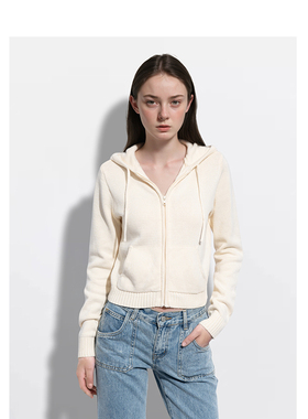 BM针织开衫女2026新款秋冬纯色美式简约百搭显瘦短款连帽开衫上衣