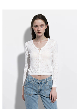 BM针织开衫女2026新款春秋薄款纯色V领镂空修身显瘦百搭长袖外套