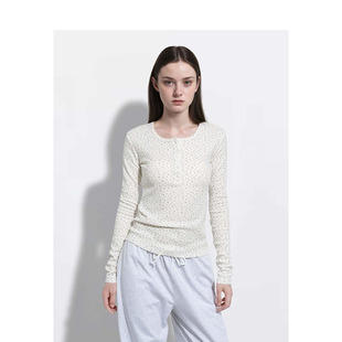 BM长袖t恤女2026新款秋冬碎花圆领华夫格设计感显瘦内搭外穿上衣