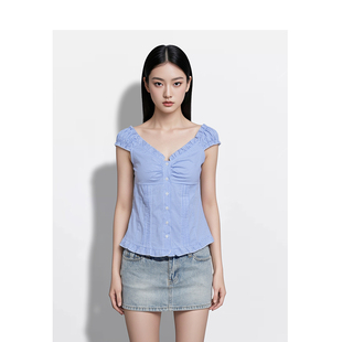 BM短袖上衣女2026新款夏季蓝色格子V领荷叶边纯欲风百搭显瘦衬衫