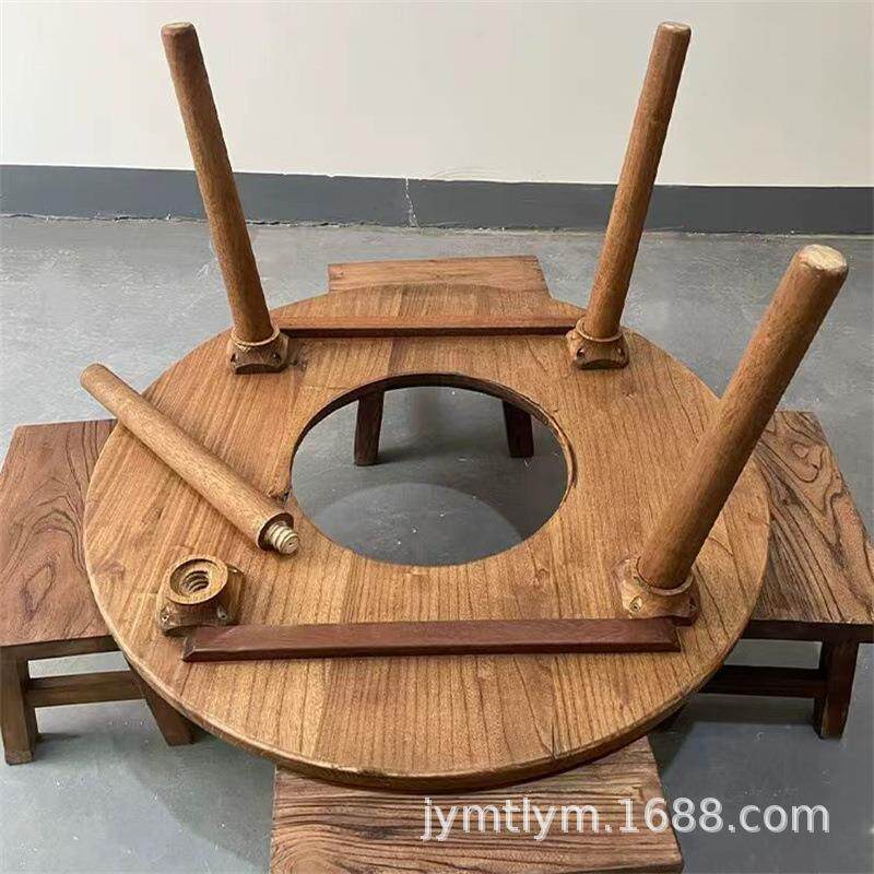 老榆木围炉炭炉煮茶桌家用夏季开洞冰茶桌可烧烤火锅茶台桌椅组合