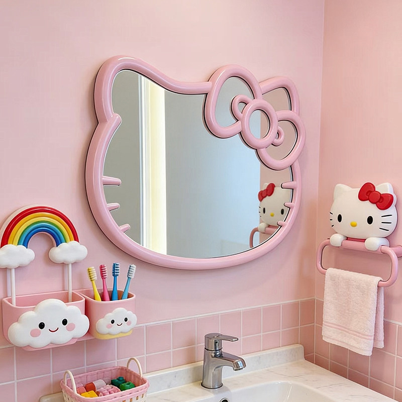 ins奶油风可爱浴室镜卡通凯蒂猫造型化妆镜北欧不规则艺术装饰镜