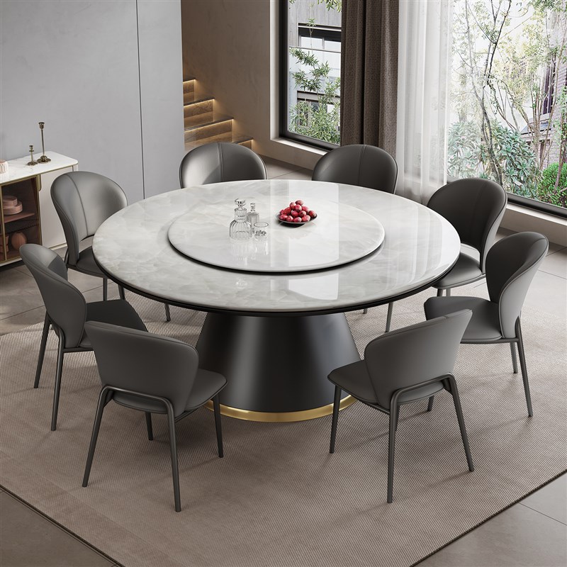 高端微晶石餐桌椅组合p现代简约轻奢大理石圆桌带转盘圆形家用饭