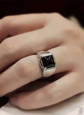 活口简约宝石银时尚戒o指银黑戒指男玛瑙霸气戒指不掉色925男士