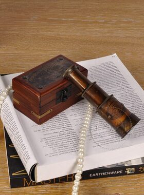 印度海盗望远镜单筒纯铜复古摆件收藏旧式伸缩老礼盒仿古进口古董