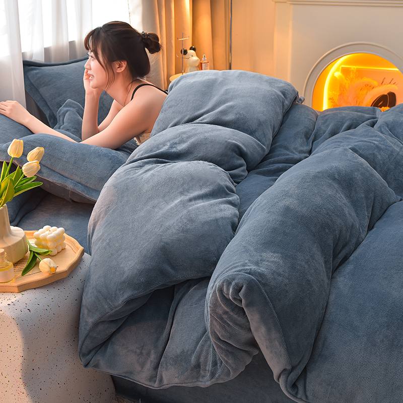 加厚牛奶绒保暖四件套双面u绒套件牀单牀笠被套被罩单双人家用牀