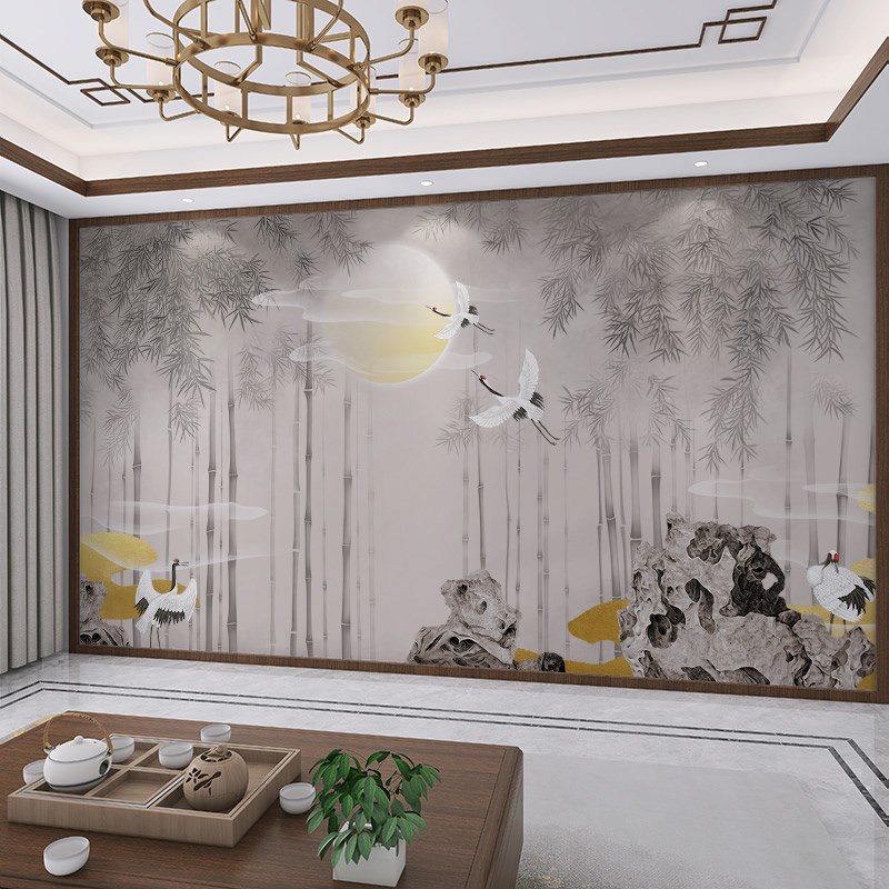新中式竹林月亮古m风灰色客厅会所包厢墙纸壁纸墙布3D壁布
