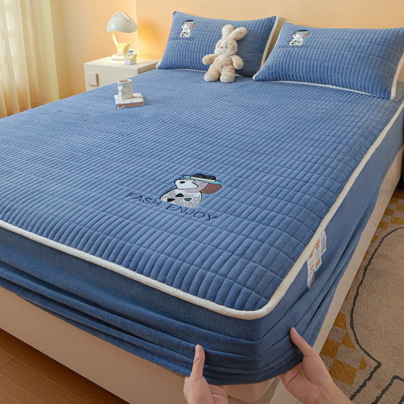 冬季床笠c单件牛奶珊瑚绒刺绣床罩款床单夹棉加厚床垫席梦思保护