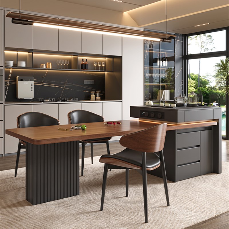 意式高级岩板岛台餐桌家用一体可伸缩大别L墅多功能实木导台餐桌