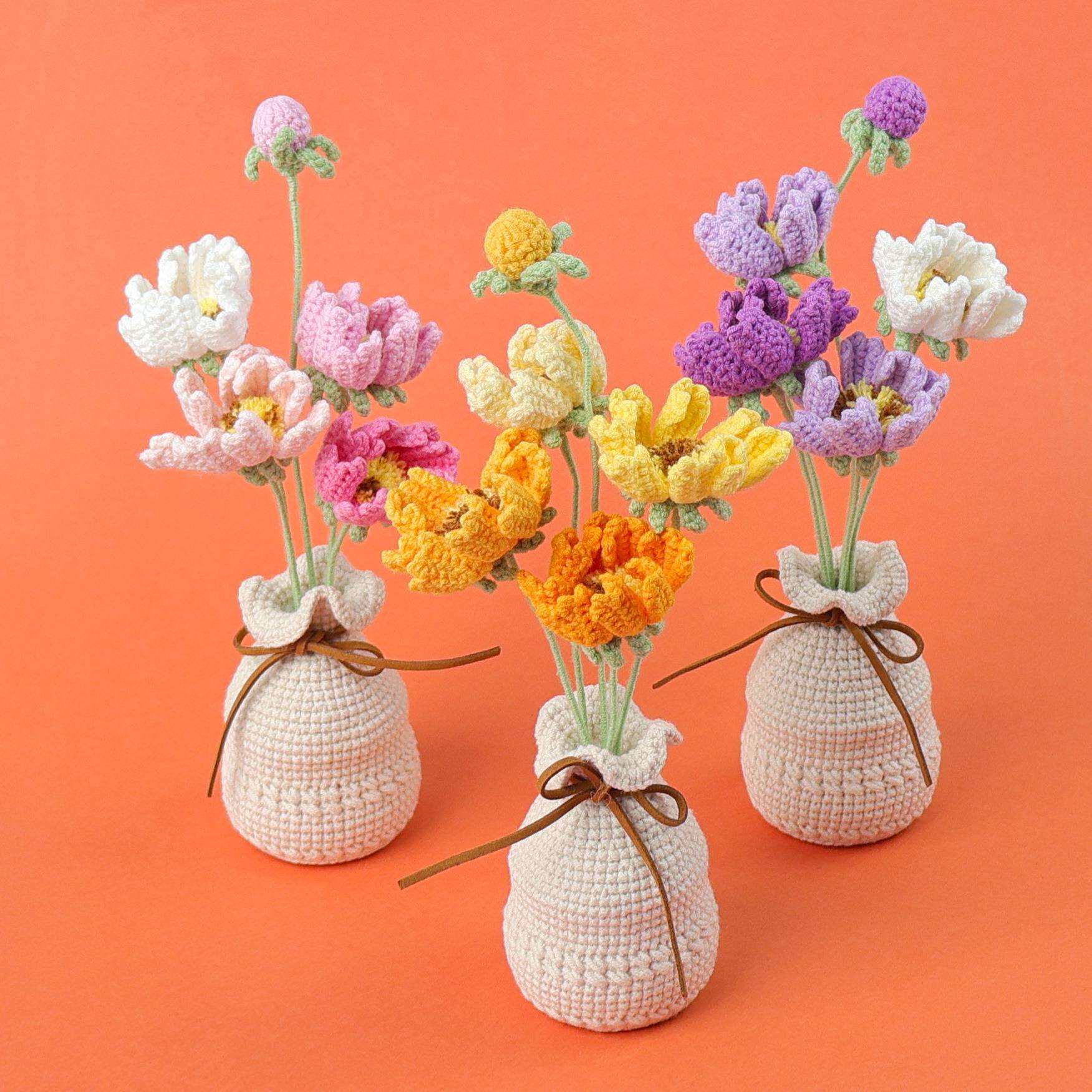 成品跨境手工钩织格桑仿真花家居桌面装饰摆件萌娃线针织毛线盆栽