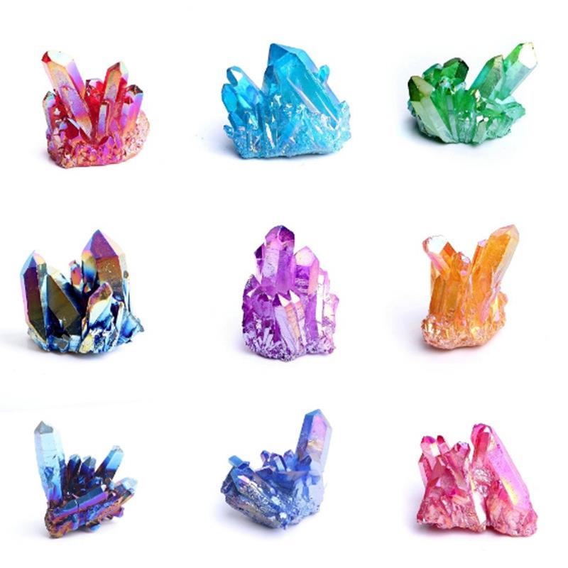 电镀天然白水晶柱水晶簇 紫蓝粉绿多色镀彩水晶柱晶摆件