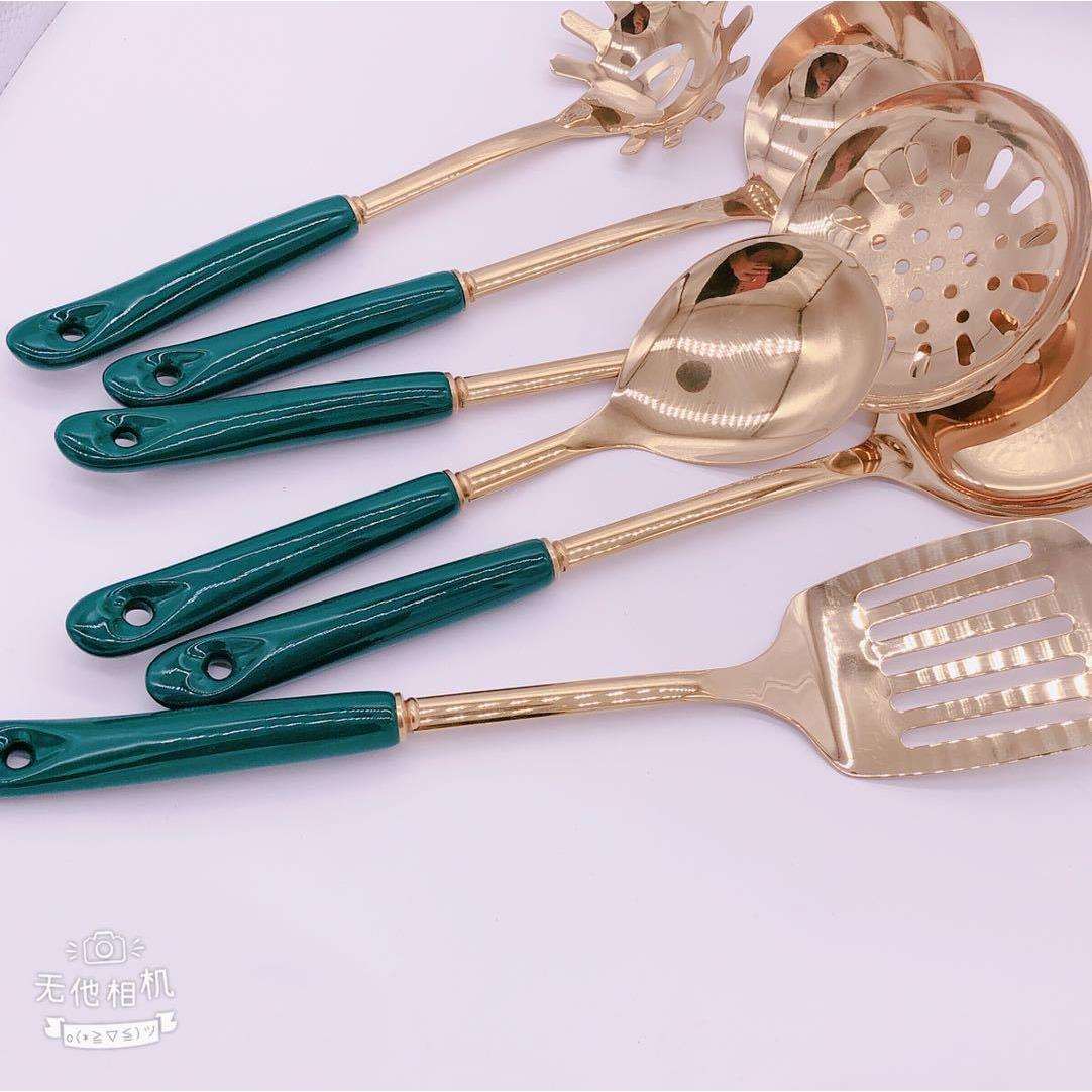 北欧厨具套装不锈钢烹饪勺铲祖母绿陶瓷手柄锅铲煎铲厨房用具墨绿
