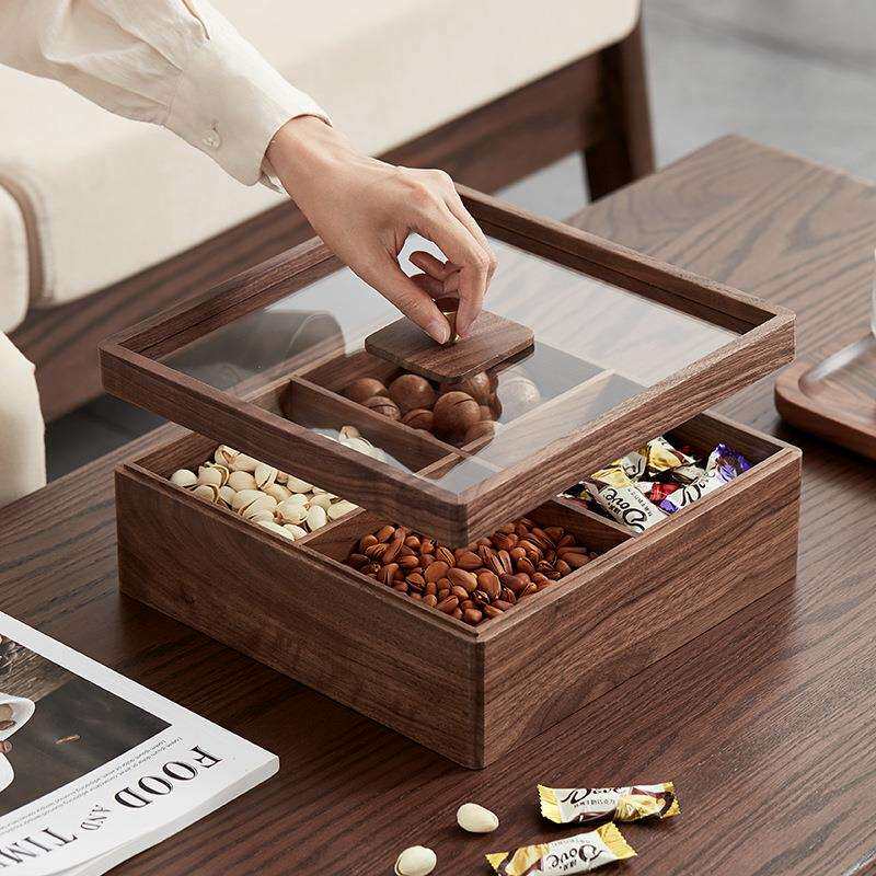 现货胡桃木干果盒实木带盖客厅坚果糖果新年招待客户四宫格果盘