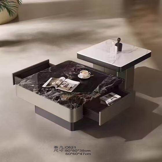 方形微晶石茶几家用客厅网红设计师带抽屉大小高低咖啡茶桌组合