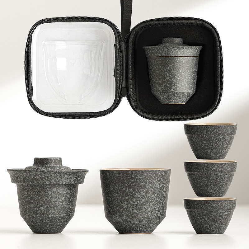 青石釉旅行茶具快客杯一壶四杯便携式收纳包户外茶具定制喝茶装备